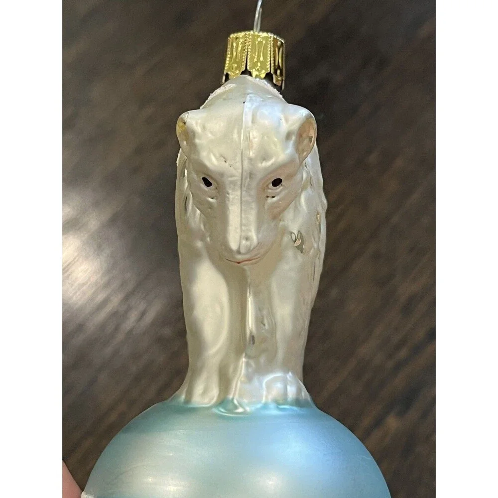 Vintage Christopher Radko Glass Ornament Polar Bear On‎ Blue Ball 1992 92-184-0